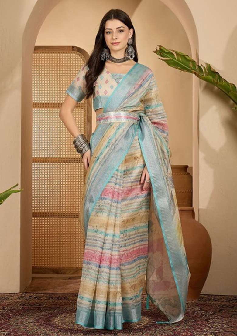 Multicolor Embroidery Linen Cotton Saree With Blouse for Diwali and Festive Wear - Indya
