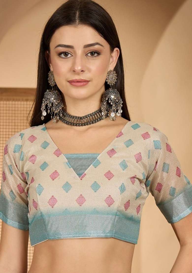 Multicolor Embroidery Linen Cotton Saree With Blouse for Diwali and Festive Wear - Indya