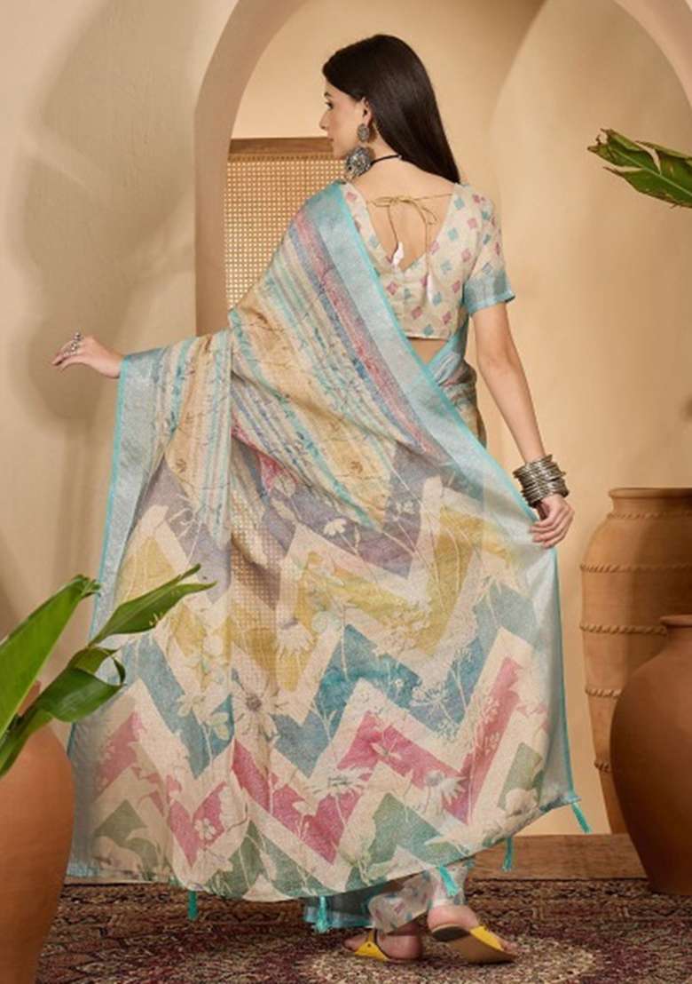 Multicolor Embroidery Linen Cotton Saree With Blouse for Diwali and Festive Wear - Indya