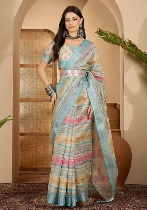 Multicolor Embroidery Linen Cotton Saree With Blouse