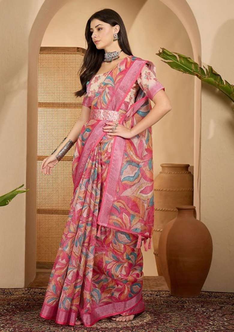 Pink Embroidery Linen Cotton Saree With Blouse for Diwali and Festive Wear - Indya