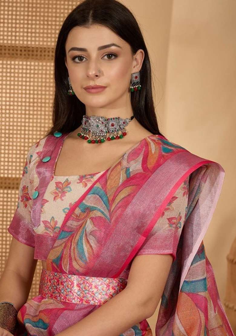 Pink Embroidery Linen Cotton Saree With Blouse for Diwali and Festive Wear - Indya