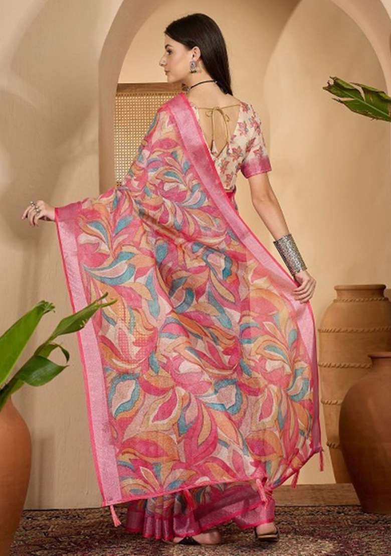 Pink Embroidery Linen Cotton Saree With Blouse for Diwali and Festive Wear - Indya