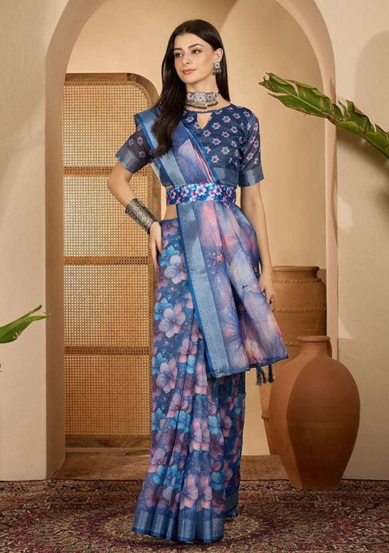 Blue Embroidery Linen Cotton Saree With Blouse for Diwali and Festive Wear - Indya