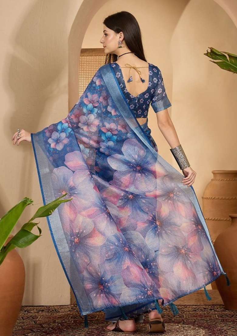 Blue Embroidery Linen Cotton Saree With Blouse for Diwali and Festive Wear - Indya