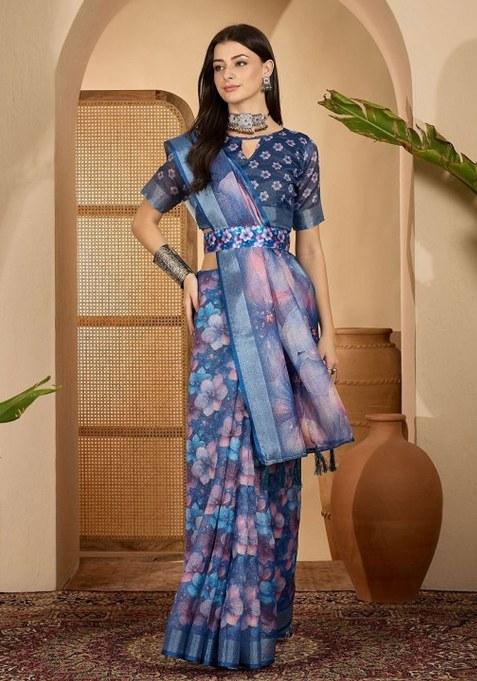 Blue Embroidery Linen Cotton Saree With Blouse