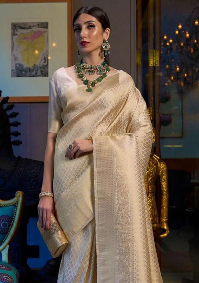 Cream Lichi With Blouse Silk Blend Saree with Embroidery for Diwali | Wedding & Festive Wear - Indya
