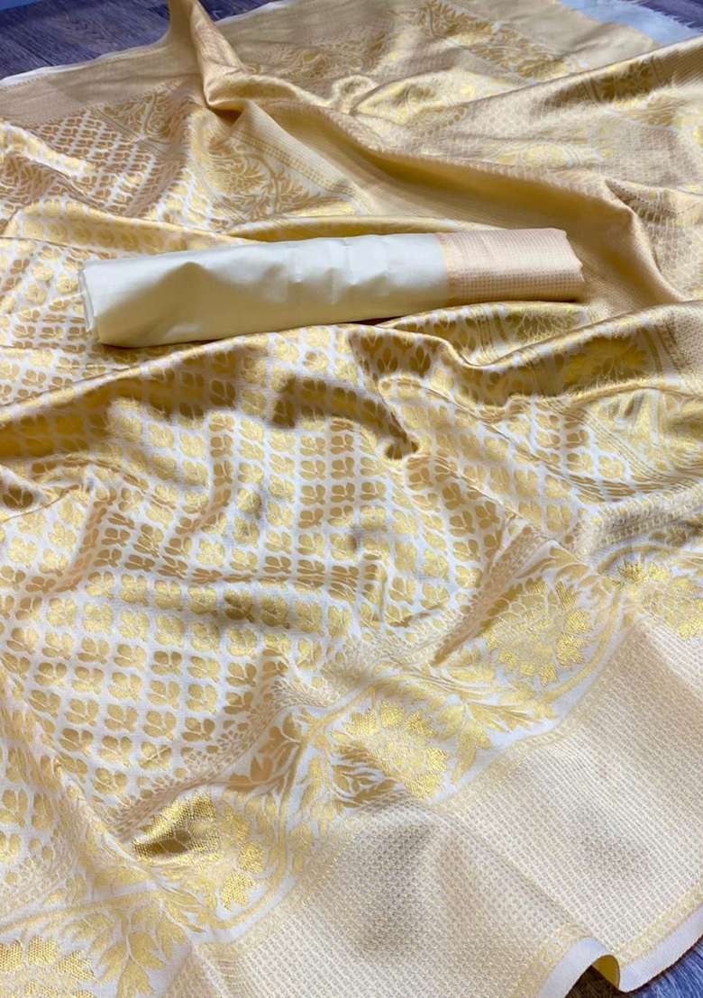 Cream Lichi With Blouse Silk Blend Saree with Embroidery for Diwali | Wedding & Festive Wear - Indya