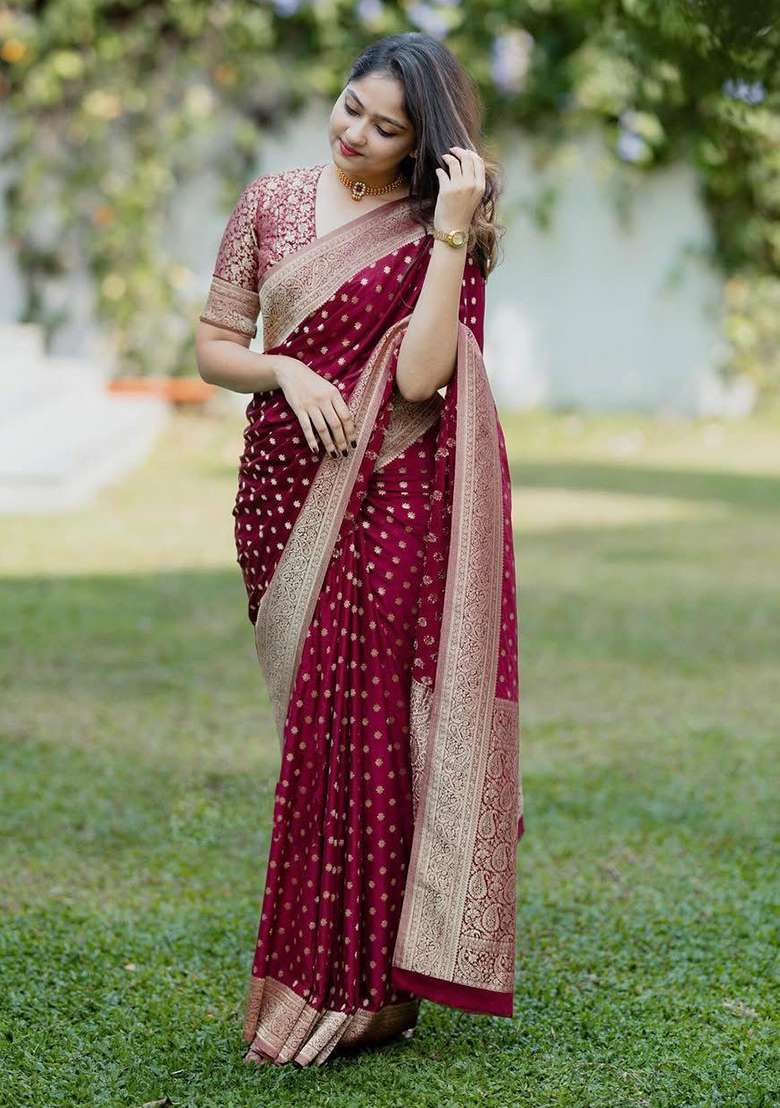 Maroon Lichi With Blouse Silk Blend Saree with Embroidery for Diwali | Wedding & Festive Wear - Indya