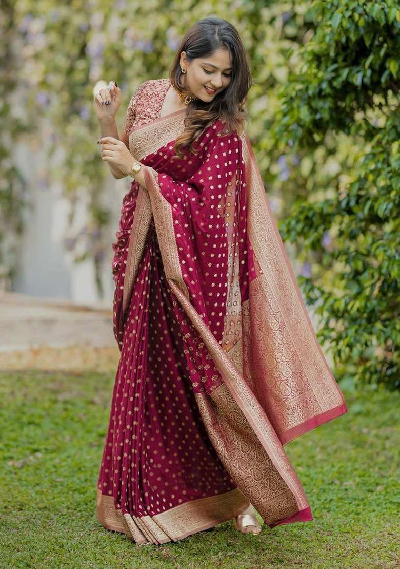 Maroon Lichi With Blouse Silk Blend Saree with Embroidery for Diwali | Wedding & Festive Wear - Indya