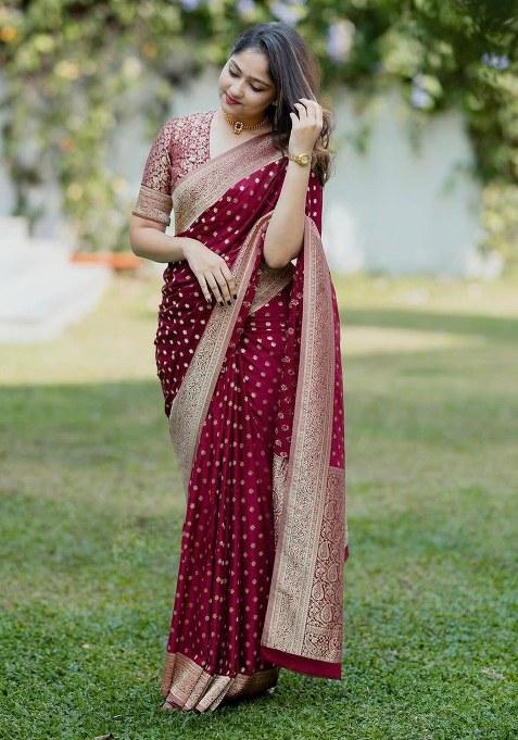 Maroon Embroidery Lichi Silk Saree With Blouse