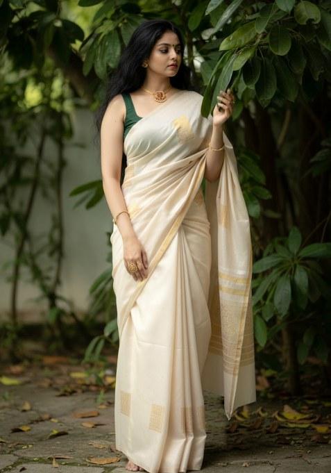 Cream Embroidery Lichi Silk Saree With Blouse