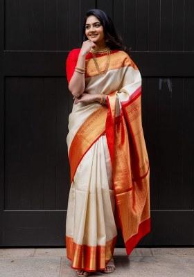 Cream Embroidery Lichi Silk Saree With Blouse