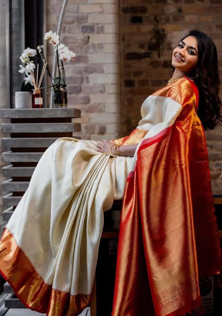 Cream Lichi With Blouse Silk Blend Saree with Embroidery for Diwali | Wedding & Festive Wear - Indya