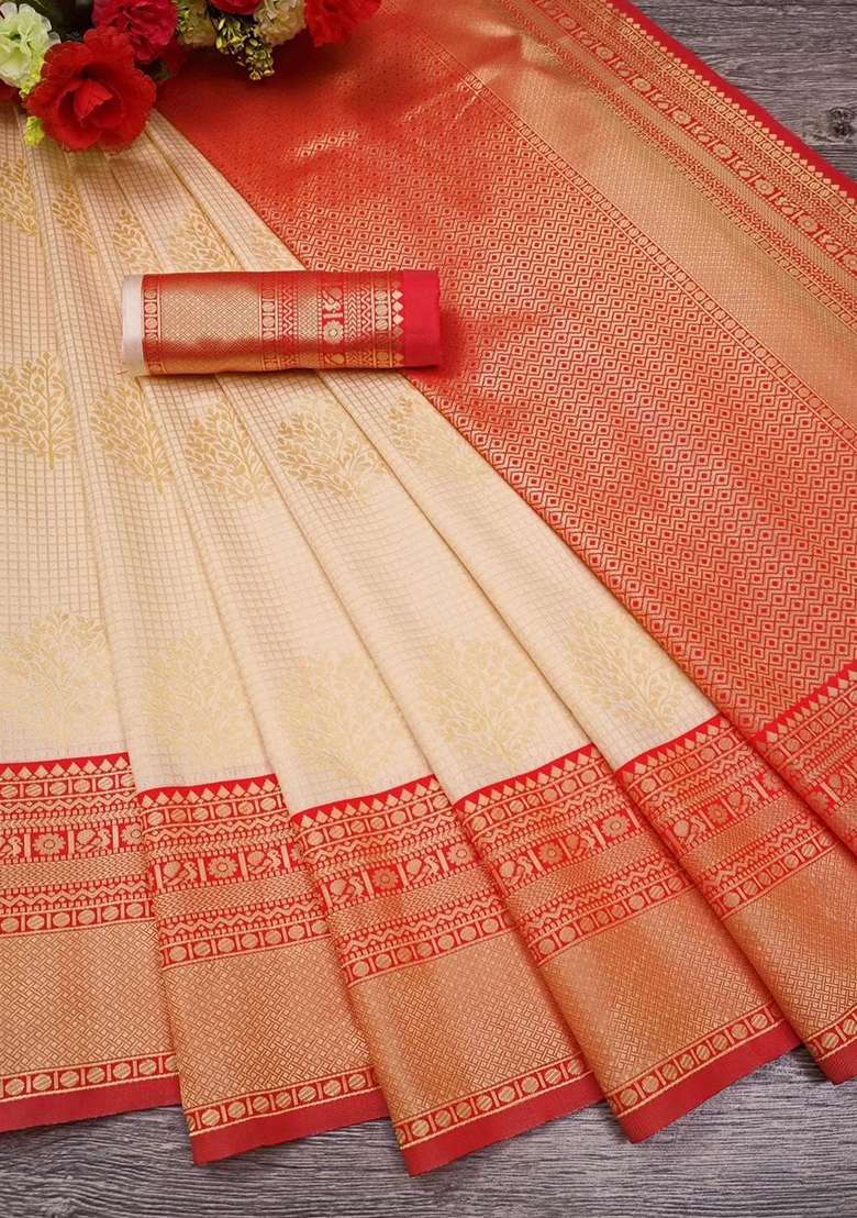 Cream Lichi With Blouse Silk Blend Saree with Embroidery for Diwali | Wedding & Festive Wear - Indya