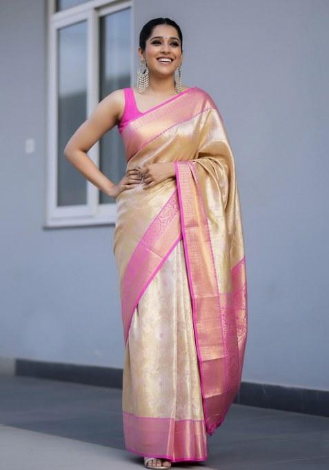 Cream Embroidery Lichi Silk Saree With Blouse