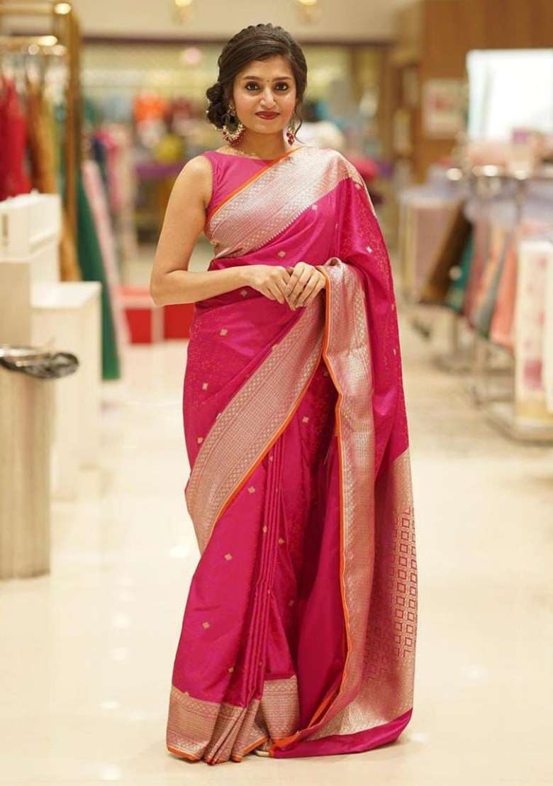Pink Embroidery Lichi Silk Blend Saree With Blouse for Diwali and Festive Wear - Indya