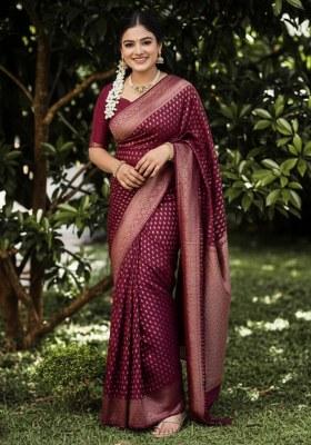 Maroon Embroidery Lichi Silk Saree With Blouse