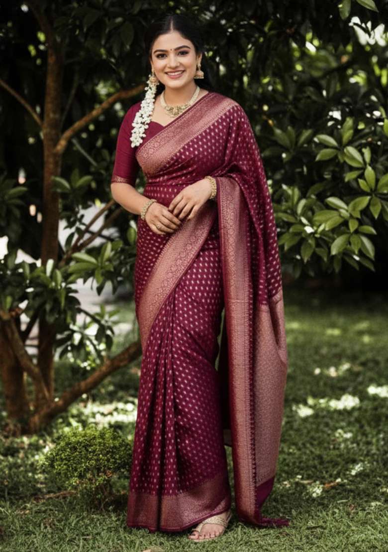 Maroon Embroidery Lichi Silk Blend Saree With Blouse for Diwali and Festive Wear - Indya