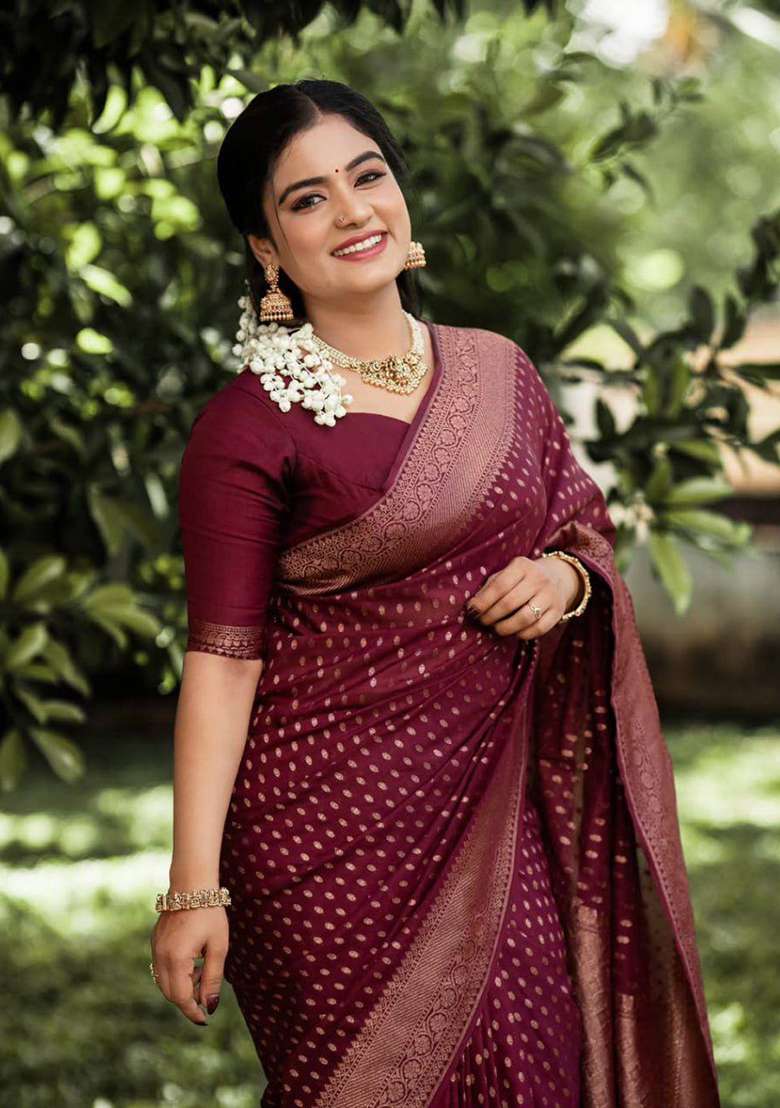 Maroon Embroidery Lichi Silk Blend Saree With Blouse for Diwali and Festive Wear - Indya