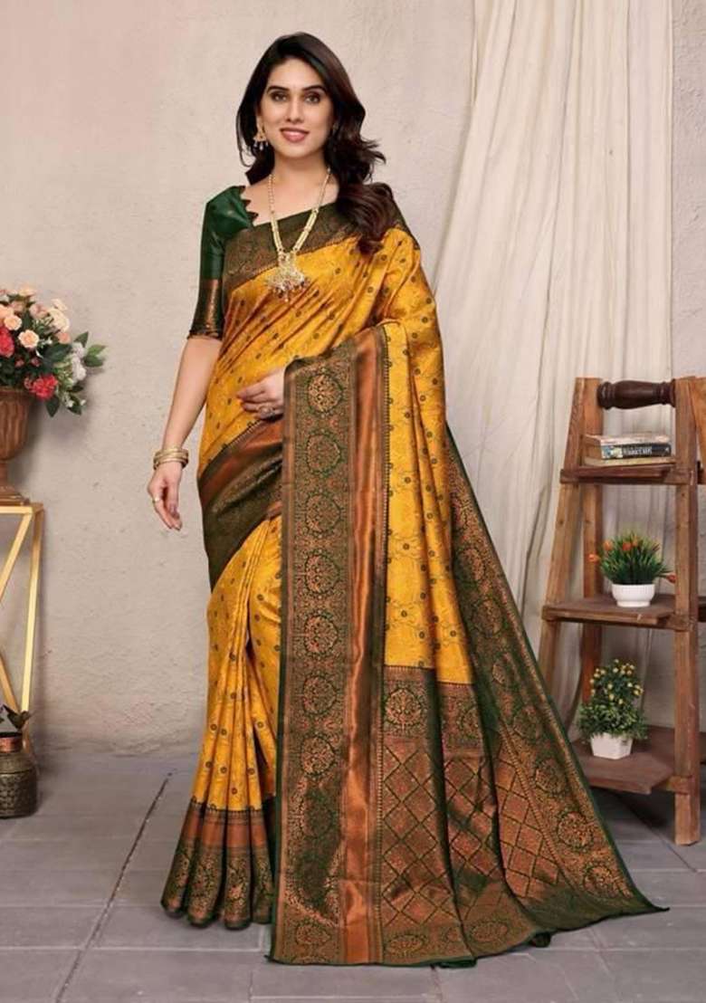 Mustard Embroidery Lichi Silk Blend Saree With Blouse for Diwali and Festive Wear - Indya