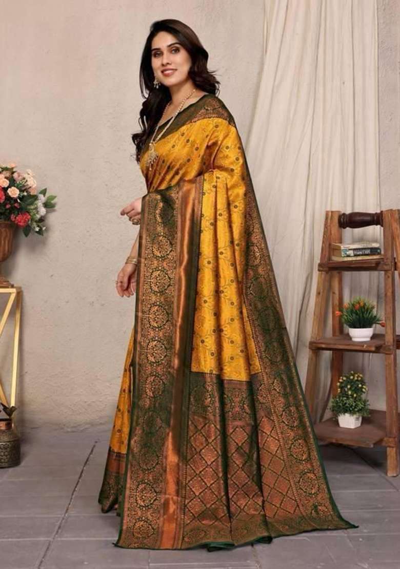Mustard Embroidery Lichi Silk Blend Saree With Blouse for Diwali and Festive Wear - Indya
