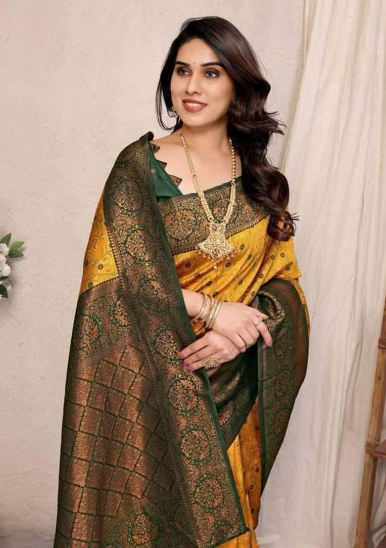 Mustard Embroidery Lichi Silk Blend Saree With Blouse for Diwali and Festive Wear - Indya
