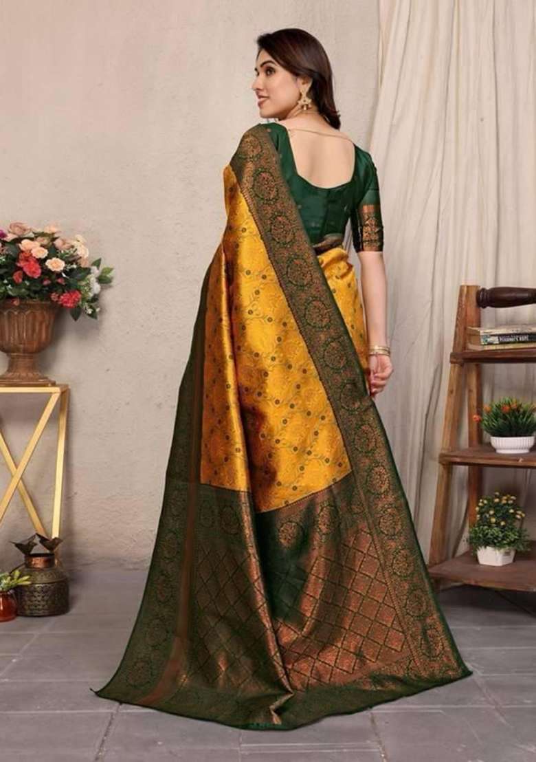 Mustard Embroidery Lichi Silk Blend Saree With Blouse for Diwali and Festive Wear - Indya