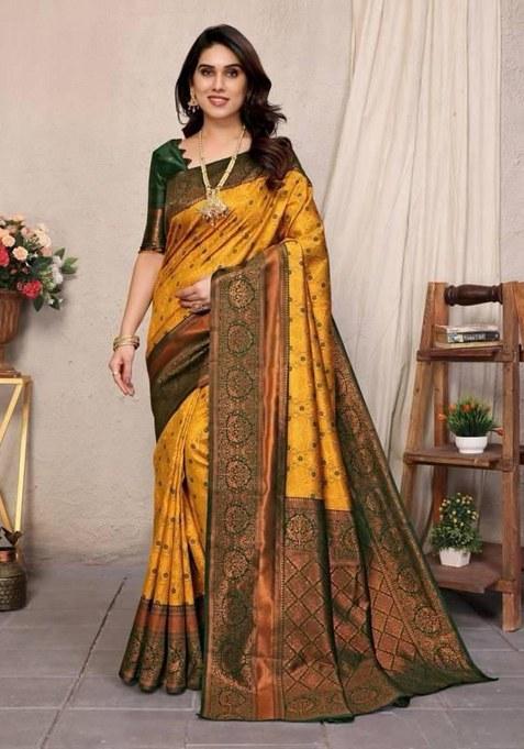 Mustard Embroidery Lichi Silk Saree With Blouse