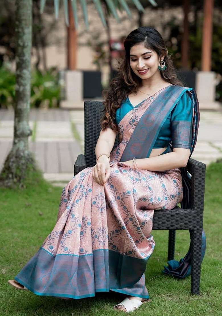 Peach Lichi With Blouse Silk Blend Saree with Embroidery for Diwali | Wedding & Festive Wear - Indya