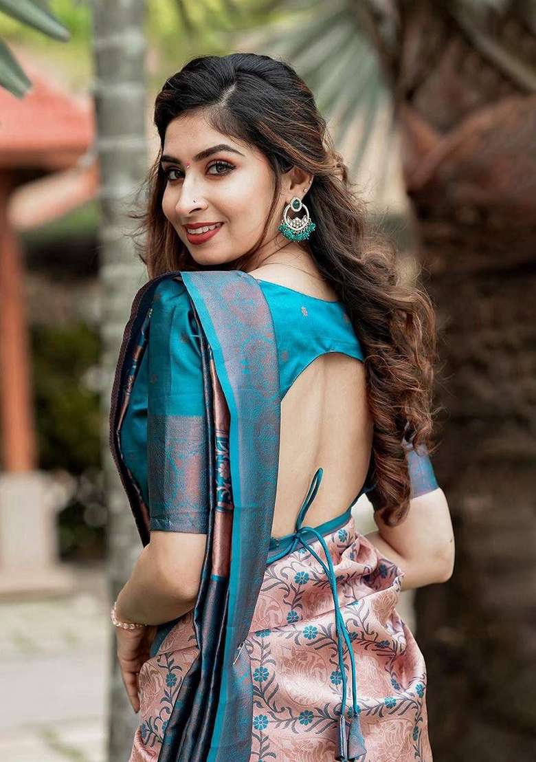 Peach Lichi With Blouse Silk Blend Saree with Embroidery for Diwali | Wedding & Festive Wear - Indya
