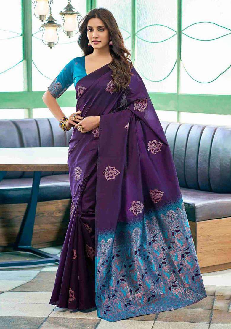 Purple Embroidery Lichi Silk Blend Saree With Blouse for Diwali and Festive Wear - Indya