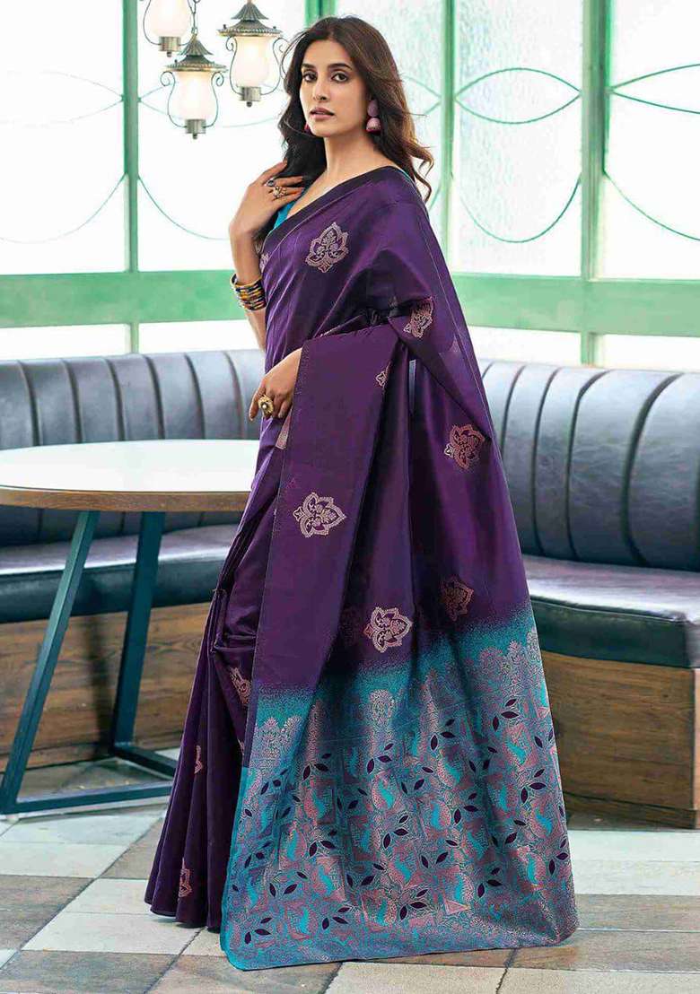 Purple Embroidery Lichi Silk Blend Saree With Blouse for Diwali and Festive Wear - Indya