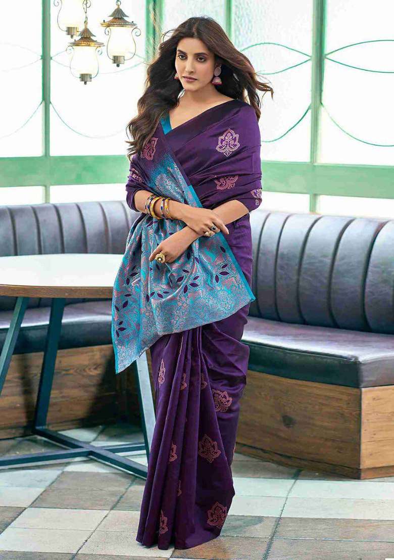 Purple Embroidery Lichi Silk Blend Saree With Blouse for Diwali and Festive Wear - Indya