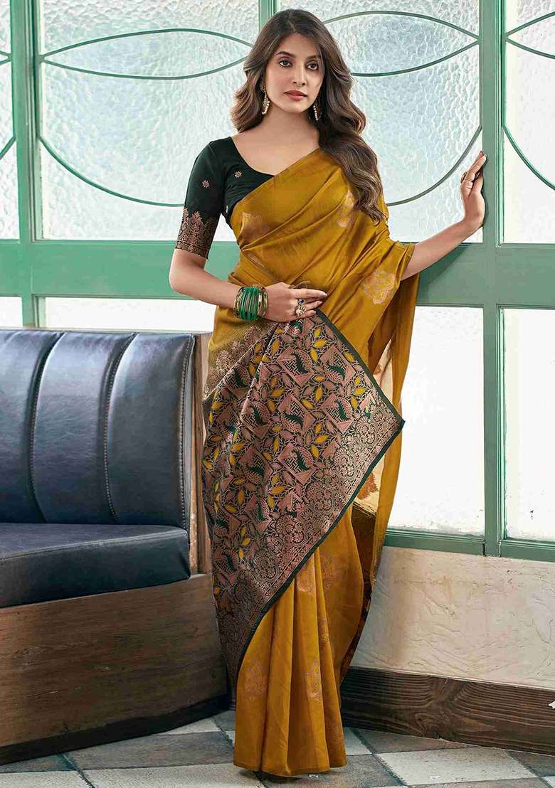 Mustard Embroidery Lichi Silk Blend Saree With Blouse for Diwali and Festive Wear - Indya