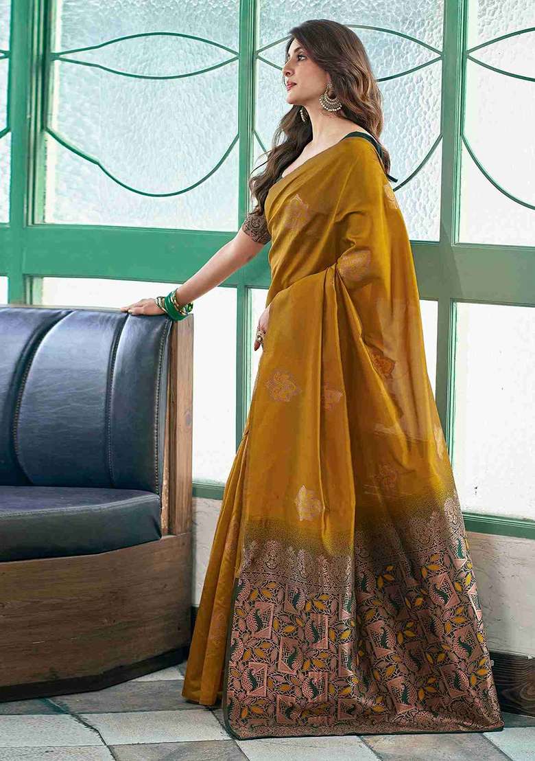 Mustard Embroidery Lichi Silk Blend Saree With Blouse for Diwali and Festive Wear - Indya