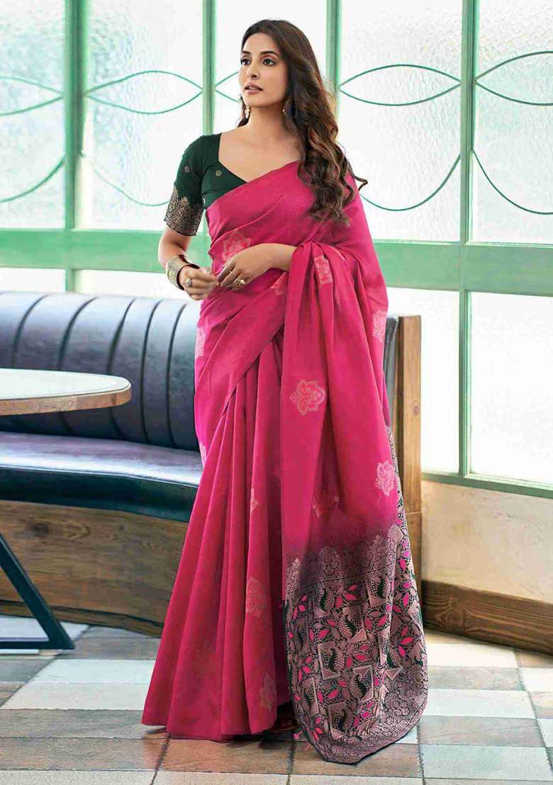 Pink Lichi With Blouse Silk Blend Saree with Embroidery for Diwali | Wedding & Festive Wear - Indya