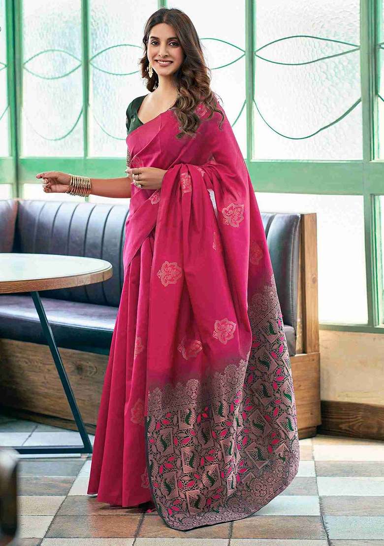 Pink Lichi With Blouse Silk Blend Saree with Embroidery for Diwali | Wedding & Festive Wear - Indya