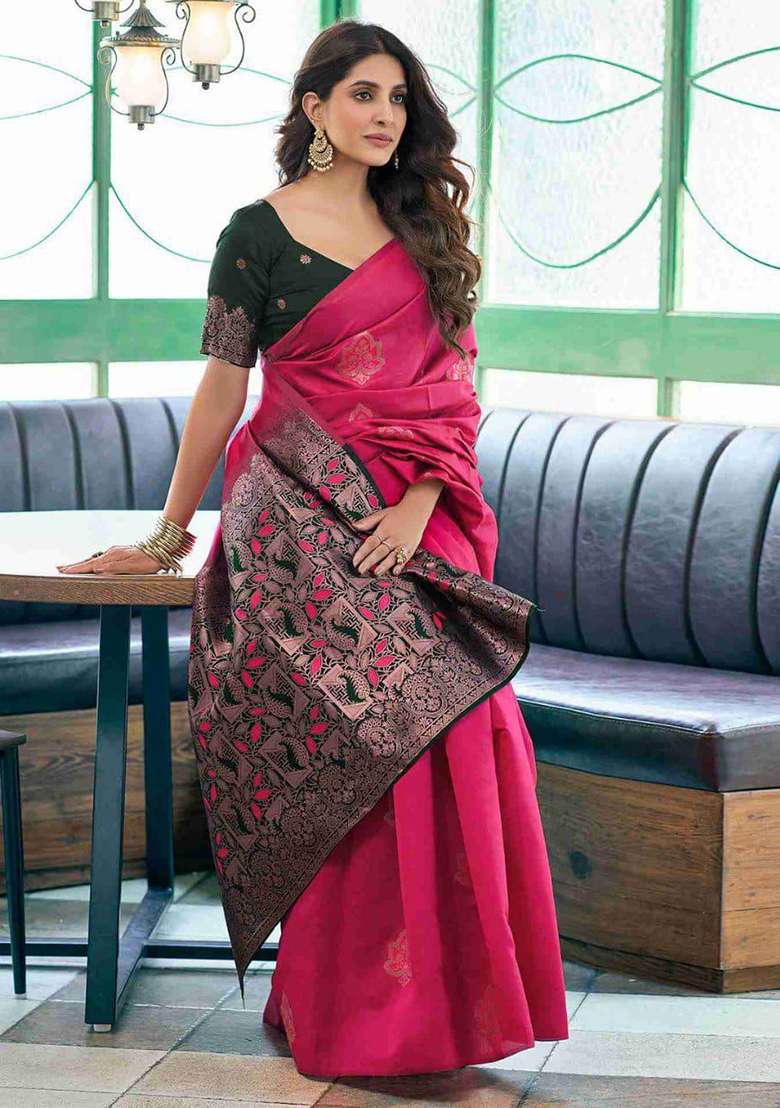 Pink Lichi With Blouse Silk Blend Saree with Embroidery for Diwali | Wedding & Festive Wear - Indya