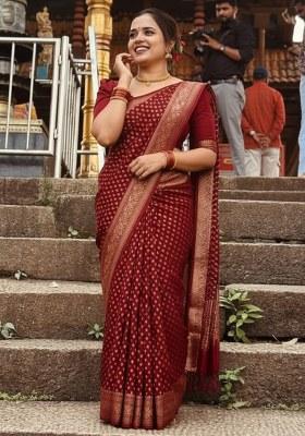 Maroon Embroidery Lichi Silk Saree With Blouse