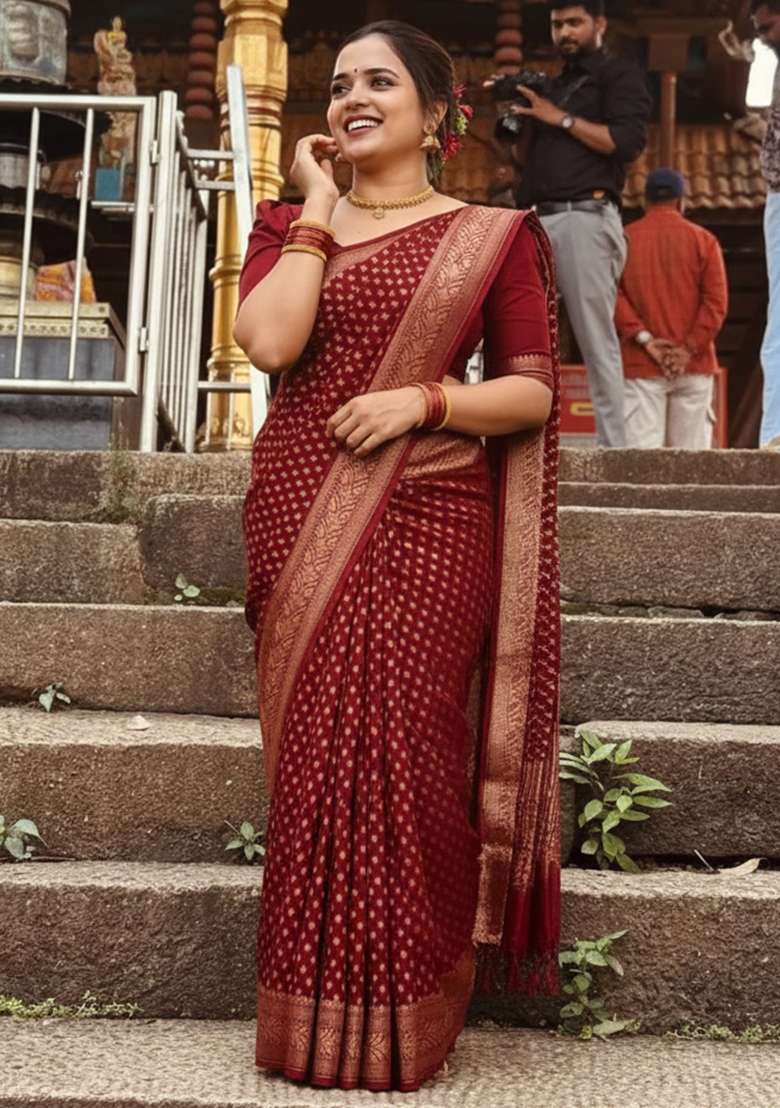 Maroon Embroidery Lichi Silk Blend Saree With Blouse for Diwali and Festive Wear - Indya
