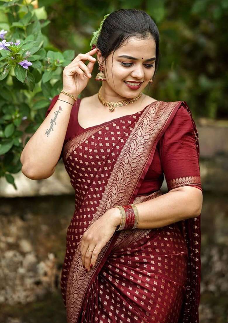 Maroon Embroidery Lichi Silk Blend Saree With Blouse for Diwali and Festive Wear - Indya