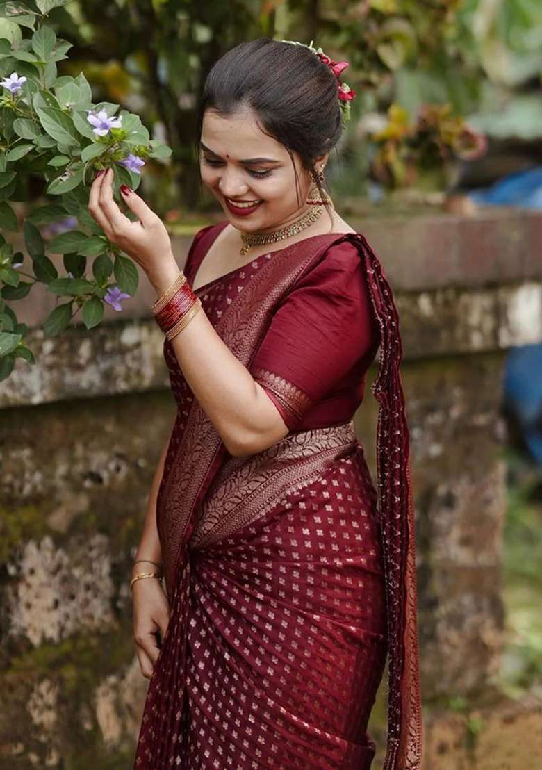 Maroon Embroidery Lichi Silk Blend Saree With Blouse for Diwali and Festive Wear - Indya