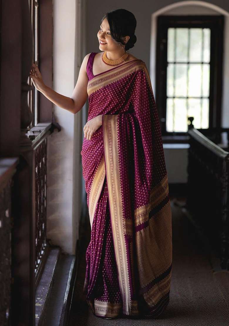 Wine Banarasi Soft With Blouse Silk Blend Saree with Embroidery for Diwali | Wedding & Festive Wear - Indya