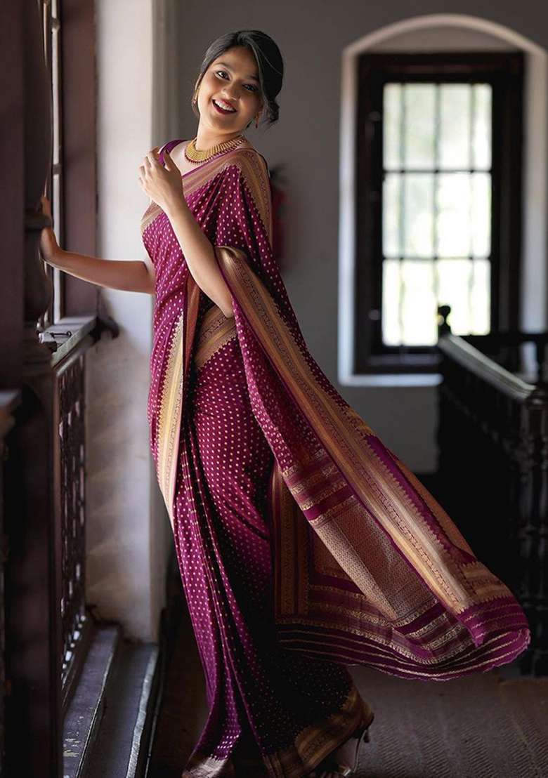 Wine Banarasi Soft With Blouse Silk Blend Saree with Embroidery for Diwali | Wedding & Festive Wear - Indya