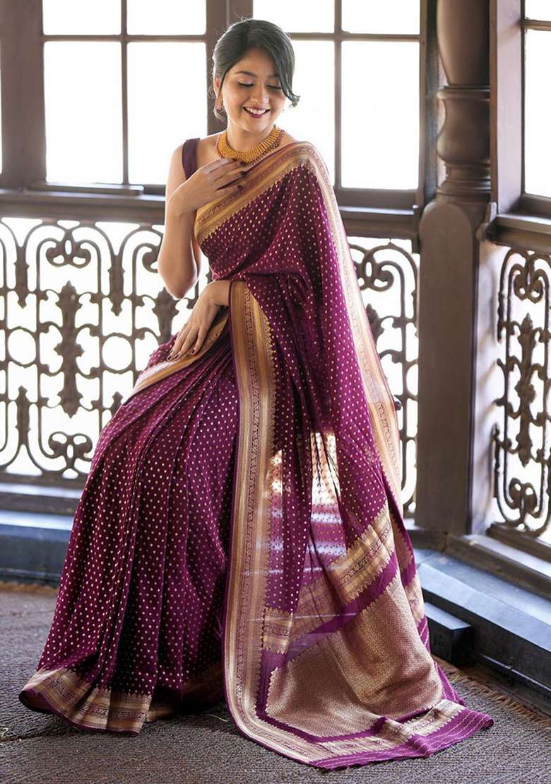 Wine Banarasi Soft With Blouse Silk Blend Saree with Embroidery for Diwali | Wedding & Festive Wear - Indya