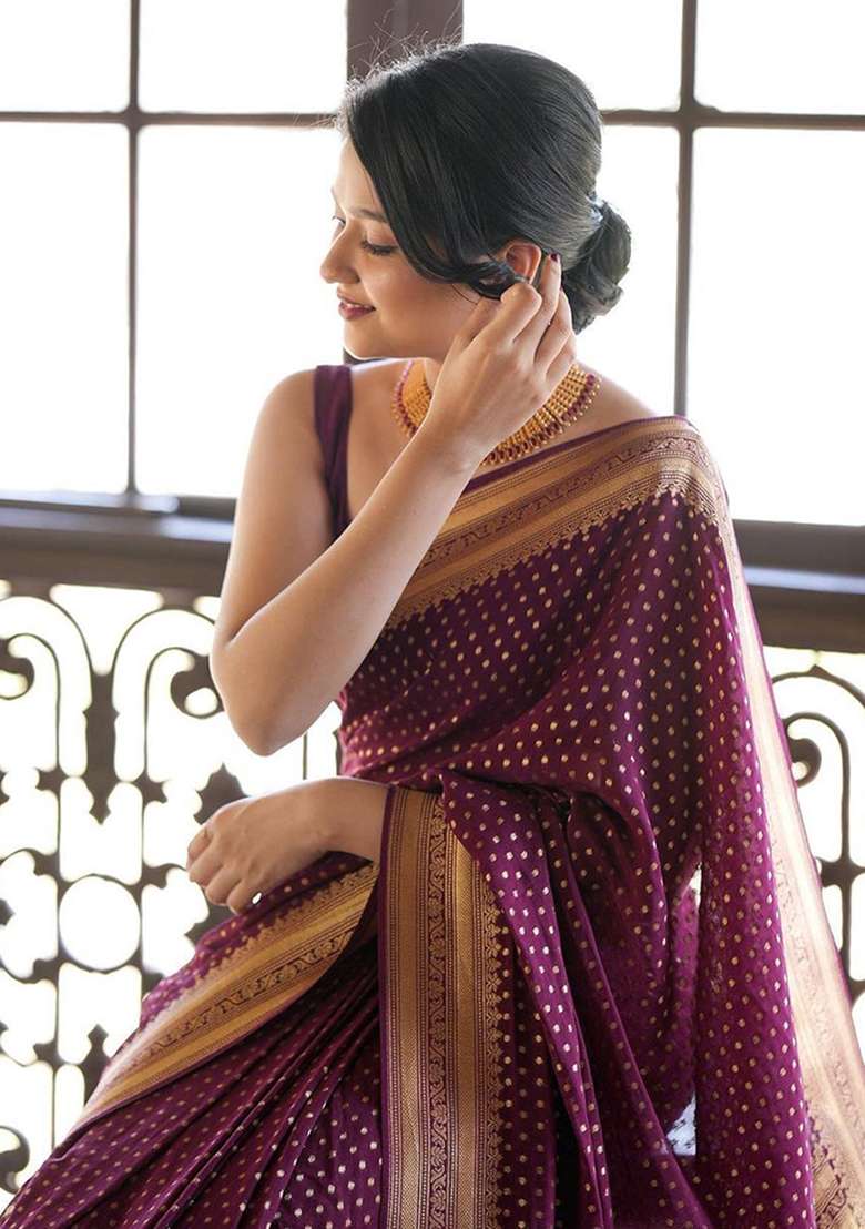 Wine Banarasi Soft With Blouse Silk Blend Saree with Embroidery for Diwali | Wedding & Festive Wear - Indya