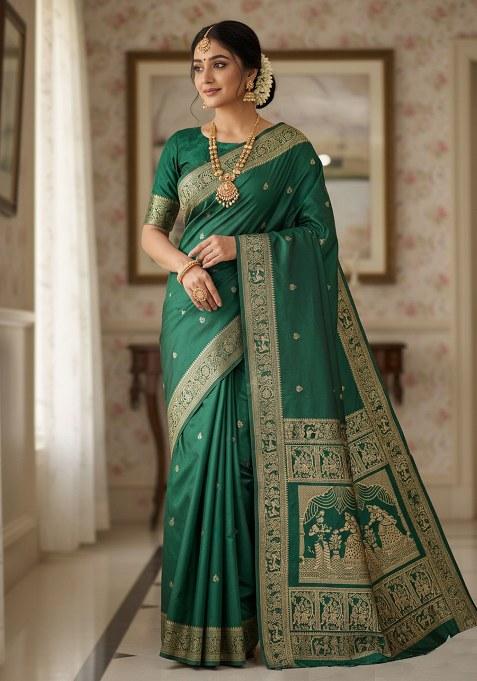 Green Embroidery Banarasi Soft Silk Saree With Blouse