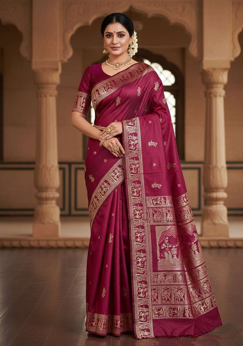Magenta Embroidery Banarasi Soft Silk Blend Saree With Blouse - Indya