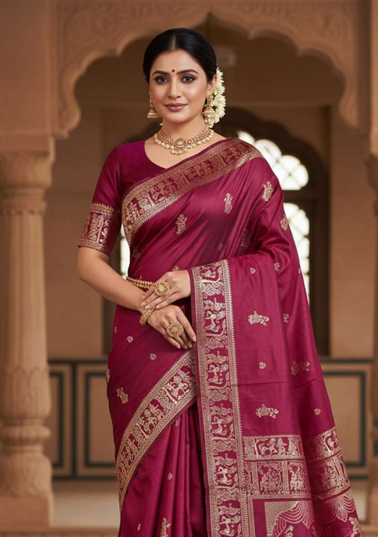 Magenta Embroidery Banarasi Soft Silk Blend Saree With Blouse - Indya